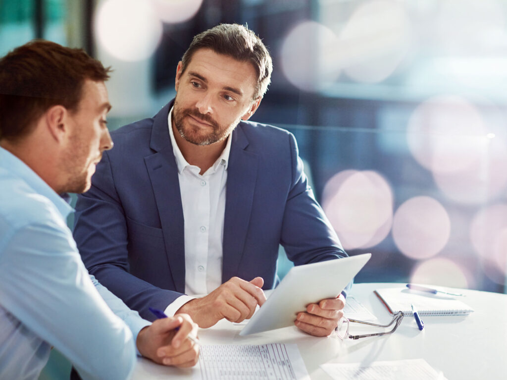 Business people, men and teamwork with tablet, typing and connection with cooperation, website information and banner. People, employees or consultant with technology, teamwork and email notification.