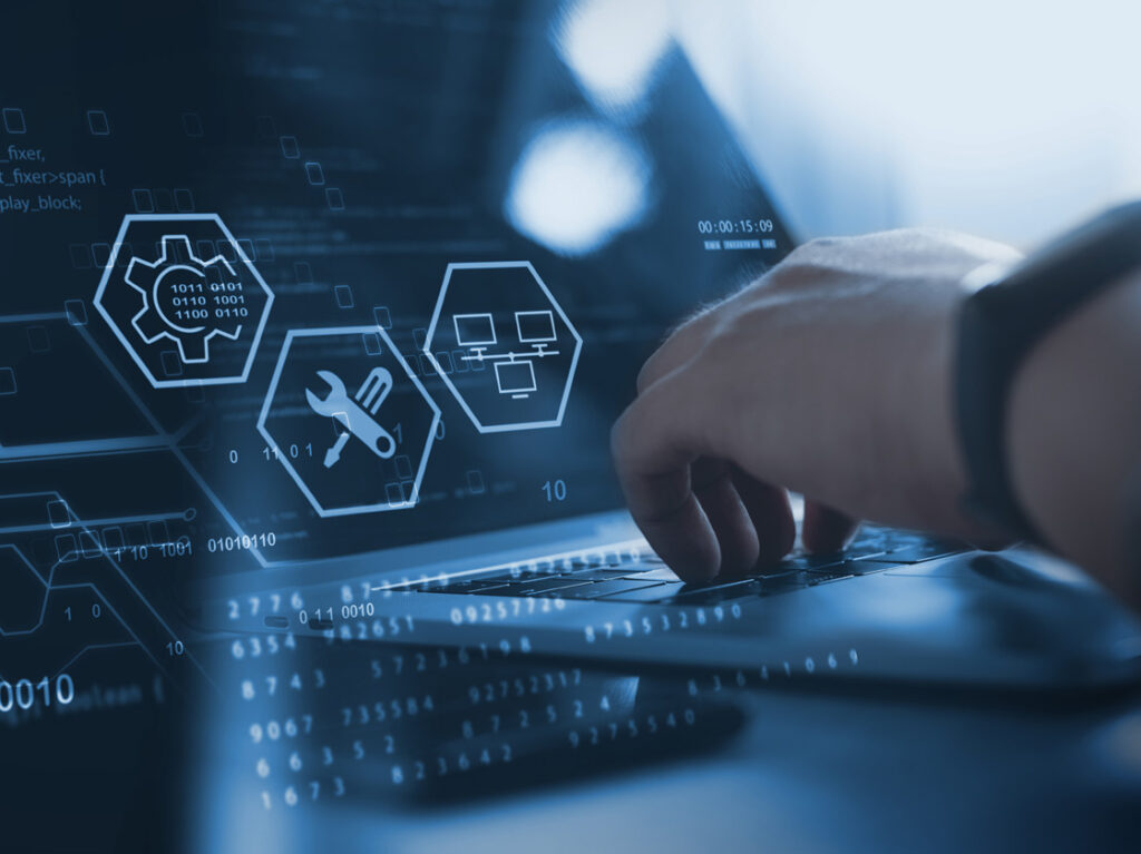 IT support, customer service concept. Computer engineer, technician coding on laptop computer connection with big data storage as backgrounds, digital technology, database, data management